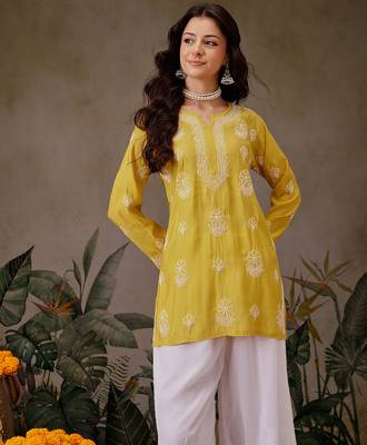 Hand embroidered mustard chanderi silk lucknowi chikankari short kurti 1