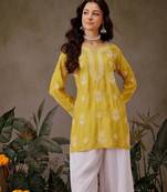 Hand embroidered mustard chanderi silk lucknowi chikankari short kurti