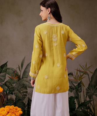 Hand embroidered mustard chanderi silk lucknowi chikankari short kurti 2