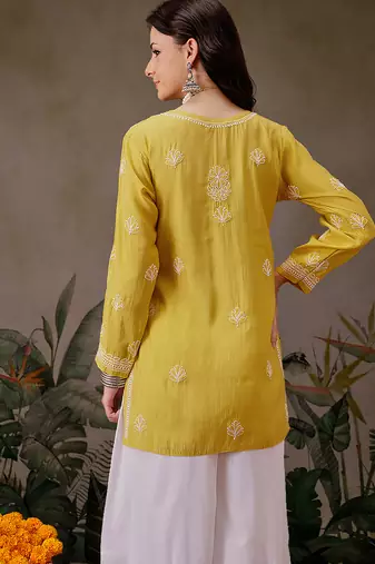 Hand embroidered mustard chanderi silk lucknowi chikankari short kurti