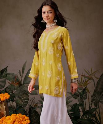 Hand embroidered mustard chanderi silk lucknowi chikankari short kurti 3