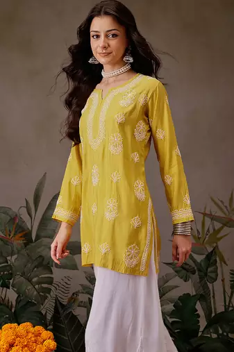 Hand embroidered mustard chanderi silk lucknowi chikankari short kurti