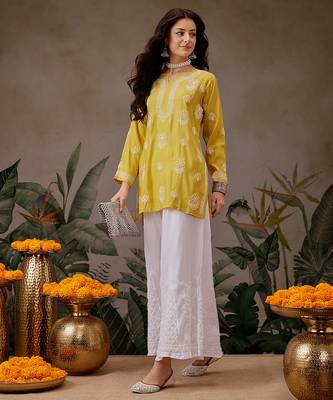 Hand embroidered mustard chanderi silk lucknowi chikankari short kurti 4
