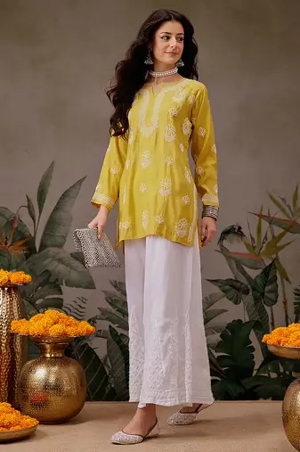 Hand embroidered mustard chanderi silk lucknowi chikankari short kurti