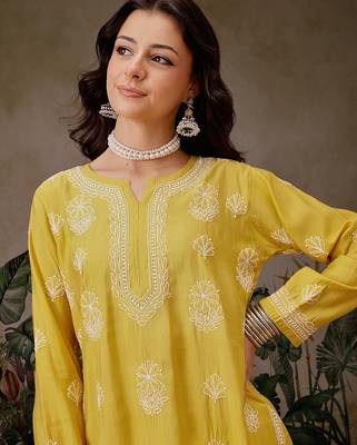 Hand embroidered mustard chanderi silk lucknowi chikankari short kurti 5