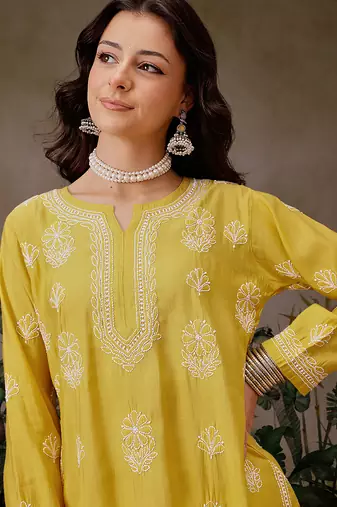 Hand embroidered mustard chanderi silk lucknowi chikankari short kurti