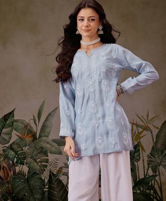 Hand embroidered ink blue chanderi silk lucknowi chikankari short kurti 1