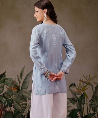 Hand embroidered ink blue chanderi silk lucknowi chikankari short kurti 2