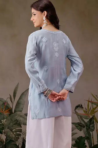 Hand embroidered ink blue chanderi silk lucknowi chikankari short kurti