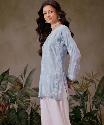 Hand embroidered ink blue chanderi silk lucknowi chikankari short kurti 3