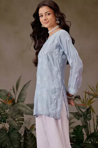 Hand embroidered ink blue chanderi silk lucknowi chikankari short kurti