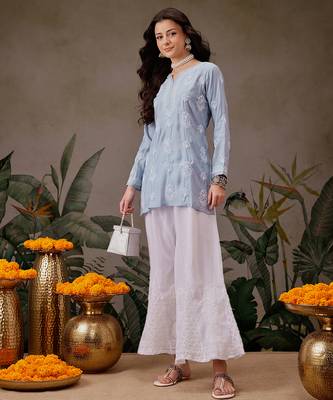Hand embroidered ink blue chanderi silk lucknowi chikankari short kurti 4