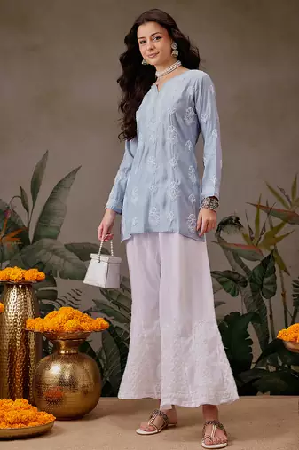 Hand embroidered ink blue chanderi silk lucknowi chikankari short kurti