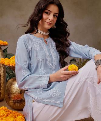 Hand embroidered ink blue chanderi silk lucknowi chikankari short kurti 5