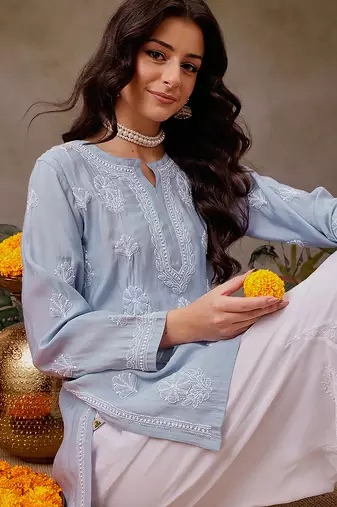 Hand embroidered ink blue chanderi silk lucknowi chikankari short kurti