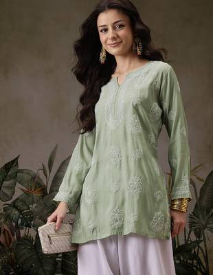 Hand embroidered pista green chanderi silk lucknowi chikankari short kurti 1