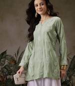 Hand embroidered pista green chanderi silk lucknowi chikankari short kurti