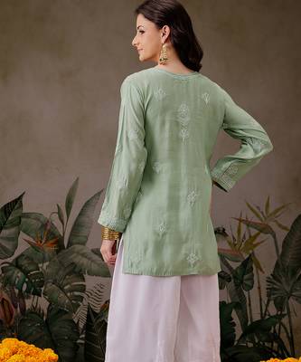 Hand embroidered pista green chanderi silk lucknowi chikankari short kurti 2