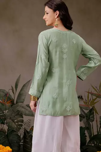 Hand embroidered pista green chanderi silk lucknowi chikankari short kurti