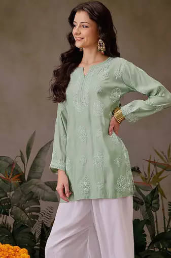 Hand embroidered pista green chanderi silk lucknowi chikankari short kurti