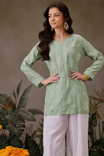Hand embroidered pista green chanderi silk lucknowi chikankari short kurti