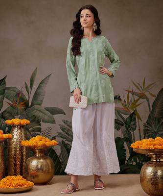 Hand embroidered pista green chanderi silk lucknowi chikankari short kurti 5