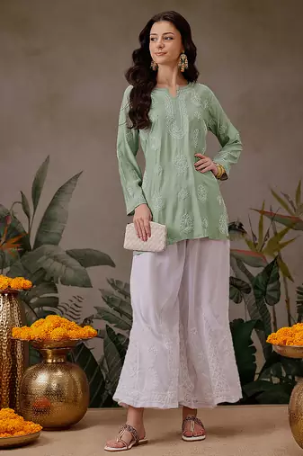 Hand embroidered pista green chanderi silk lucknowi chikankari short kurti