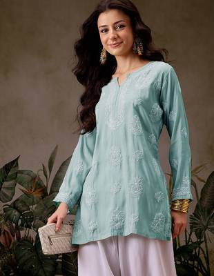 Hand embroidered light sea green chanderi silk lucknowi chikankari short kurti 1