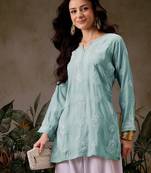 Hand embroidered light sea green chanderi silk lucknowi chikankari short kurti