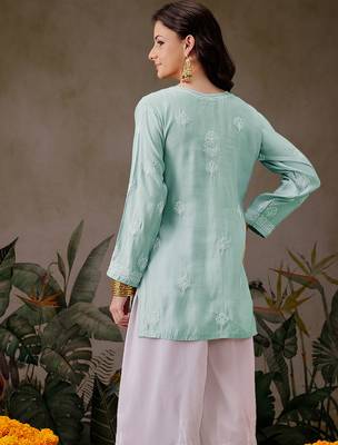 Hand embroidered light sea green chanderi silk lucknowi chikankari short kurti 2