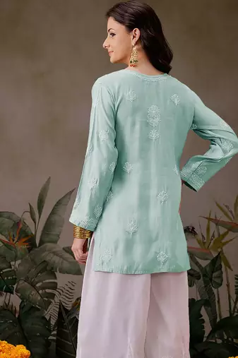 Hand embroidered light sea green chanderi silk lucknowi chikankari short kurti