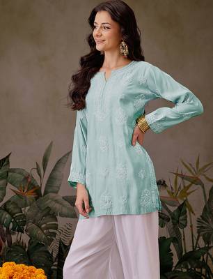 Hand embroidered light sea green chanderi silk lucknowi chikankari short kurti 3