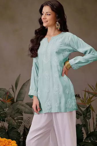 Hand embroidered light sea green chanderi silk lucknowi chikankari short kurti