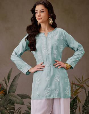 Hand embroidered light sea green chanderi silk lucknowi chikankari short kurti 4