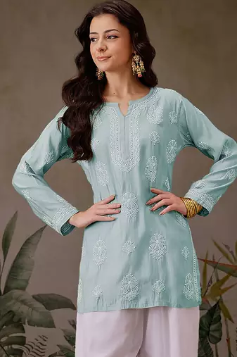 Hand embroidered light sea green chanderi silk lucknowi chikankari short kurti