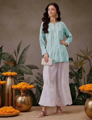 Hand embroidered light sea green chanderi silk lucknowi chikankari short kurti 5