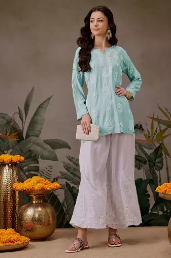 Hand embroidered light sea green chanderi silk lucknowi chikankari short kurti