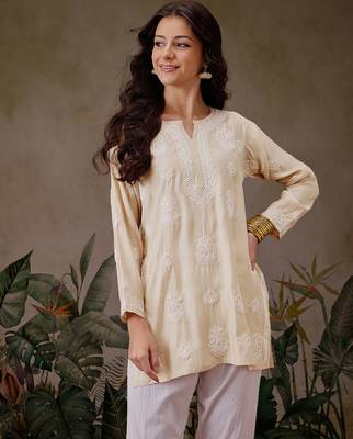 Hand embroidered light fawn chanderi silk lucknowi chikankari short kurti 1