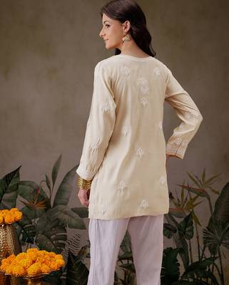 Hand embroidered light fawn chanderi silk lucknowi chikankari short kurti 2