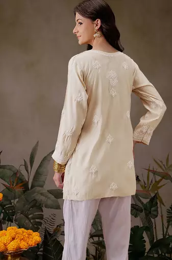 Hand embroidered light fawn chanderi silk lucknowi chikankari short kurti