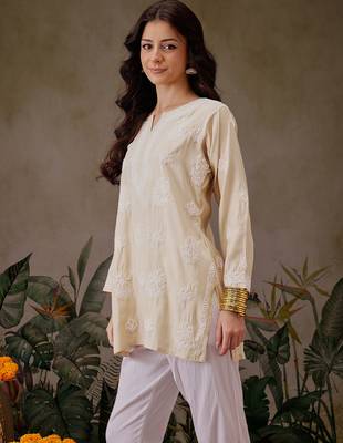 Hand embroidered light fawn chanderi silk lucknowi chikankari short kurti 3
