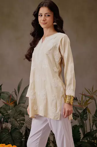 Hand embroidered light fawn chanderi silk lucknowi chikankari short kurti