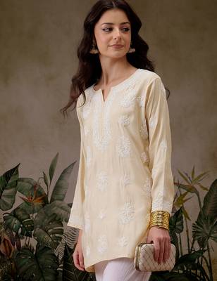 Hand embroidered light fawn chanderi silk lucknowi chikankari short kurti 4