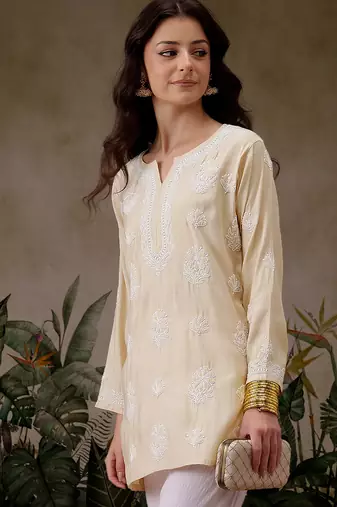 Hand embroidered light fawn chanderi silk lucknowi chikankari short kurti