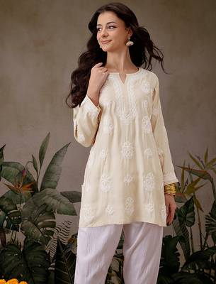 Hand embroidered light fawn chanderi silk lucknowi chikankari short kurti 5