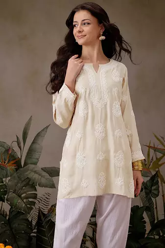 Hand embroidered light fawn chanderi silk lucknowi chikankari short kurti