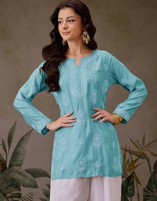Hand embroidered turquoise blue chanderi silk lucknowi chikankari short kurti 1