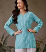 Hand embroidered turquoise blue chanderi silk lucknowi chikankari short kurti