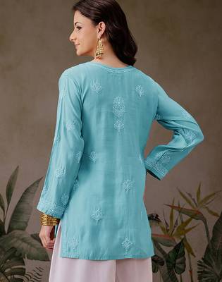 Hand embroidered turquoise blue chanderi silk lucknowi chikankari short kurti 2