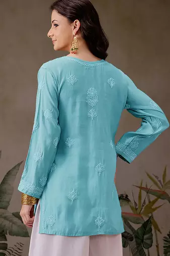 Hand embroidered turquoise blue chanderi silk lucknowi chikankari short kurti